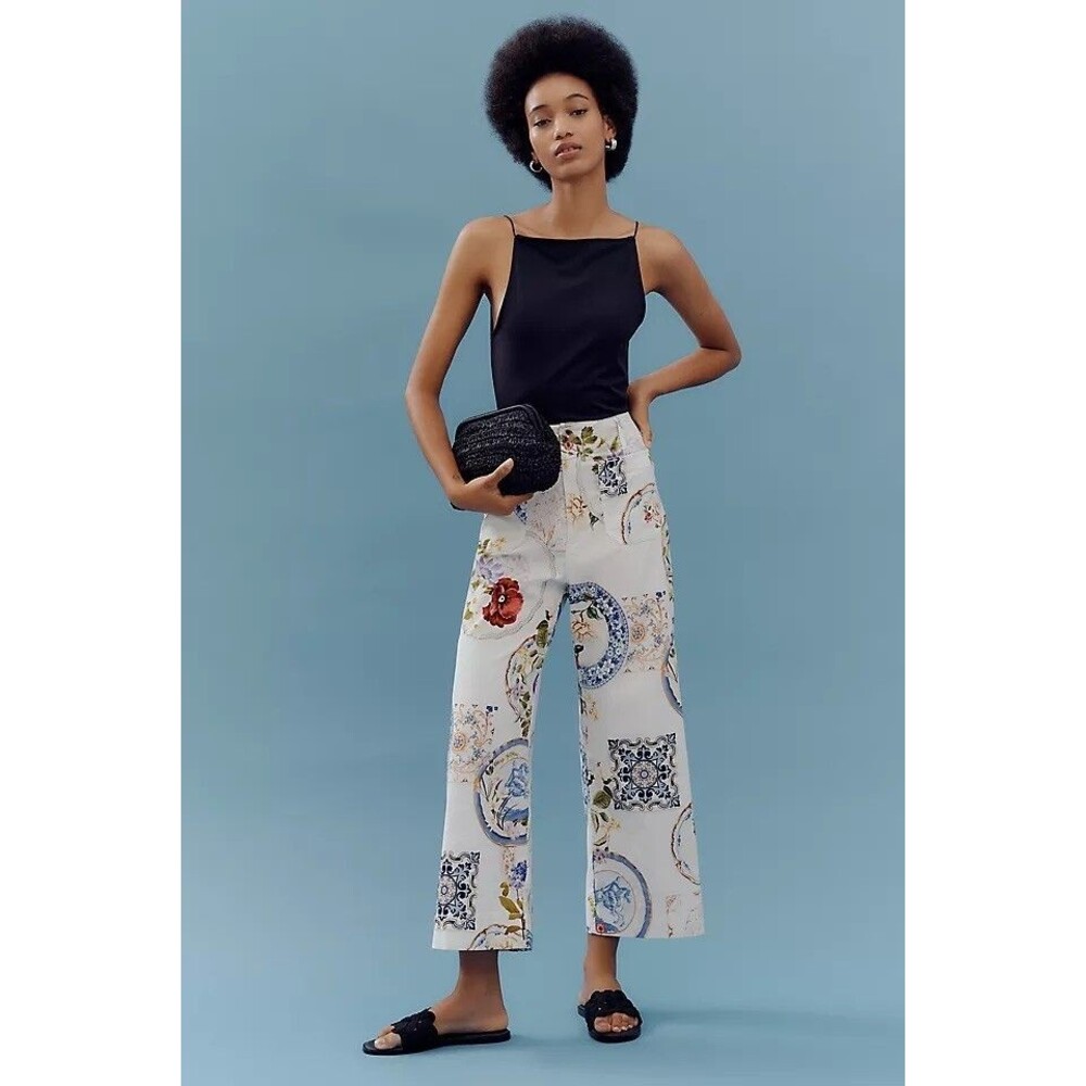 Anthropologie Colette Cropped Wide-Leg Pants Maeve Magic Fabric White Floral 26